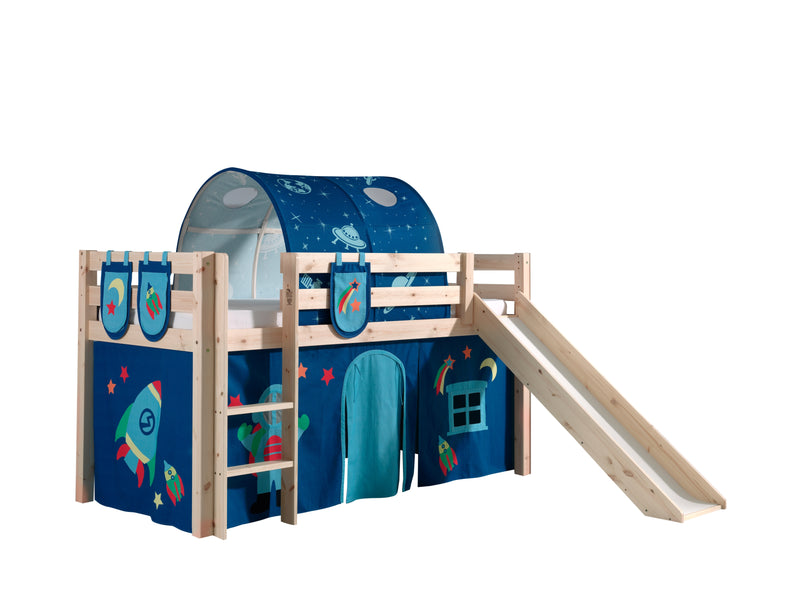 Pat etajat din lemn de pin, cu tunel si tobogan pentru copii Pino Plus Astro Natural, 200 x 90 cm (1)
