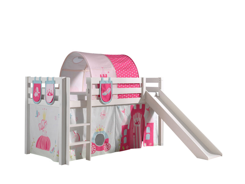 Pat etajat din lemn de pin, cu tunel si tobogan pentru copii Pino Plus Princess Alb, 200 x 90 cm (1)