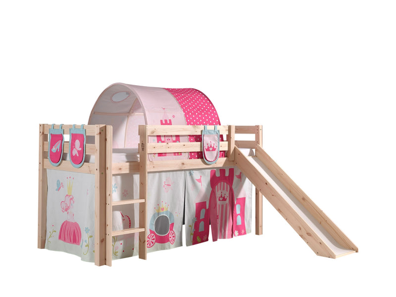 Pat etajat din lemn de pin, cu tunel si tobogan pentru copii Pino Plus Princess Natural, 200 x 90 cm (1)