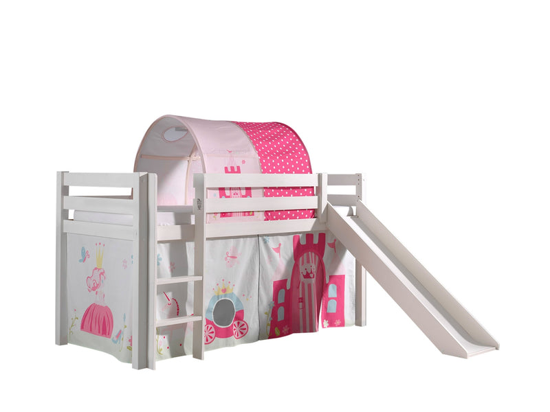 Pat etajat din lemn de pin, cu tunel si tobogan pentru copii Pino Princess Alb, 200 x 90 cm (1)