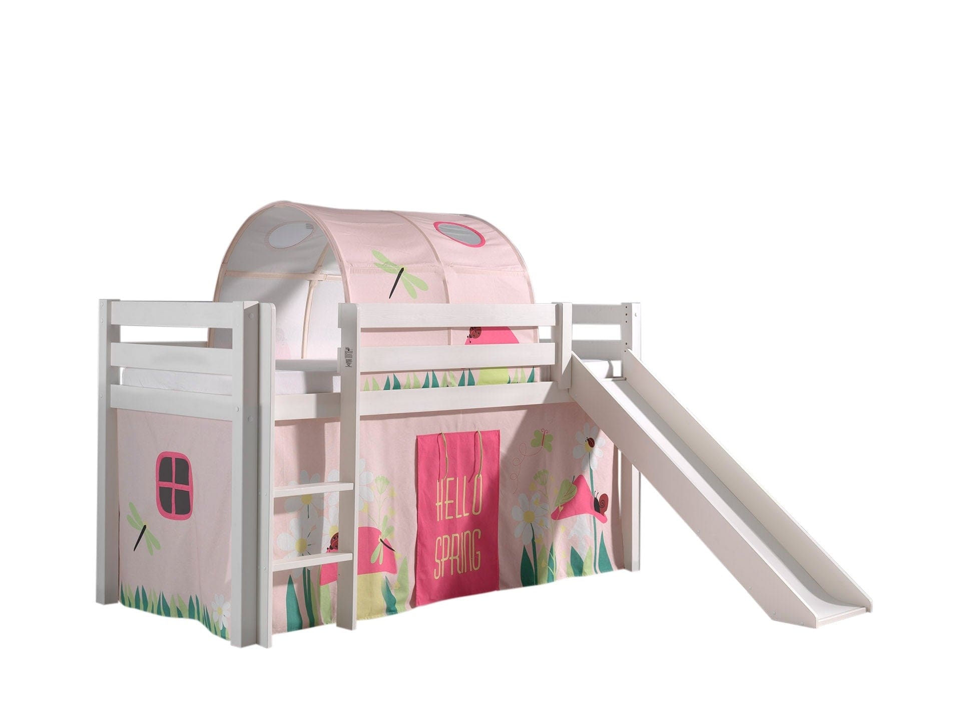 Pat etajat din lemn de pin, cu tunel si tobogan pentru copii Pino Spring Alb, 200 x 90 cm (1)