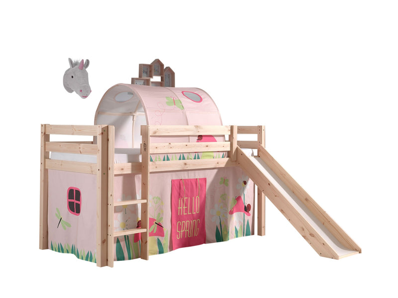 Pat etajat din lemn de pin, cu tunel si tobogan pentru copii Pino Spring Natural, 200 x 90 cm (1)
