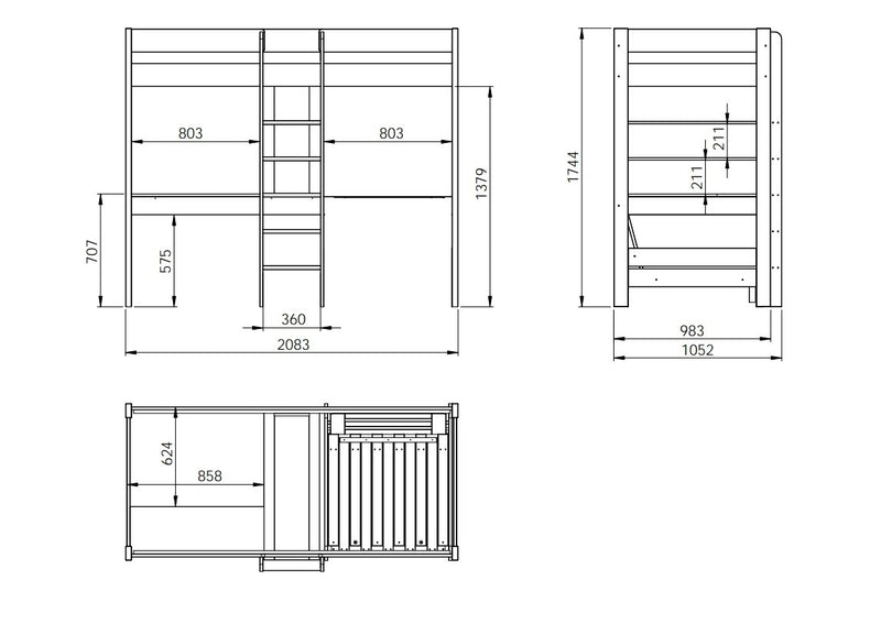 Pat etajat din lemn de pin si MDF cu birou incorporat, pentru copii Pino Mezzanine Alb, 200 x 90 cm (2)