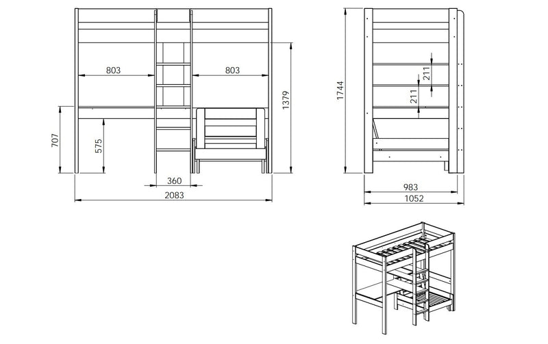 Pat etajat din lemn de pin si MDF cu birou si fotoliu extensibil, pentru copii Pino Mezzanine Alb, 200 x 90 cm (6)
