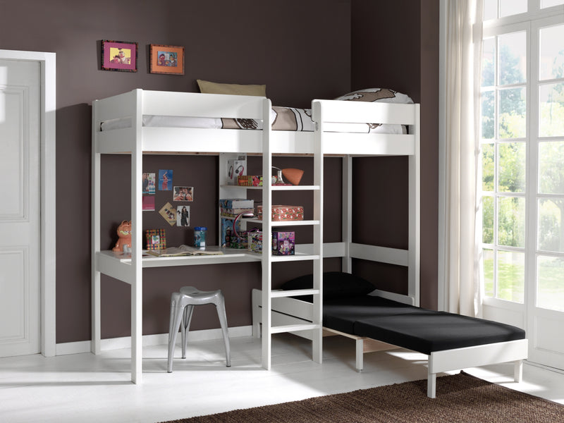 Pat etajat din lemn de pin si MDF cu birou si fotoliu extensibil, pentru copii Pino Mezzanine Alb, 200 x 90 cm (1)