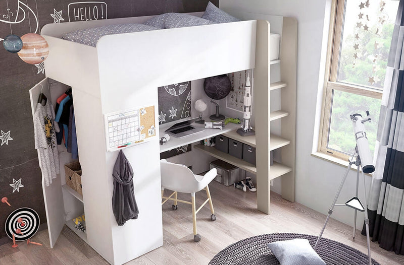 Pat etajat din pal cu birou incorporat, etajera si dulap, pentru copii Tom TO 01 Alb / Grej, 200 x 90 cm (1)