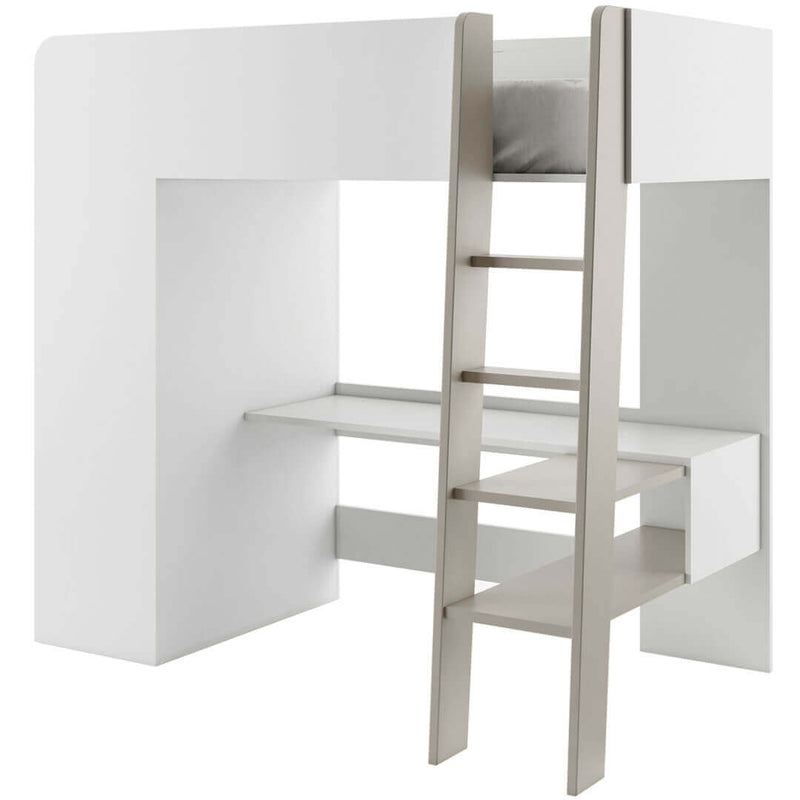 Pat etajat din pal cu birou incorporat, etajera si dulap, pentru copii Tom TO 01 Alb / Grej, 200 x 90 cm (2)