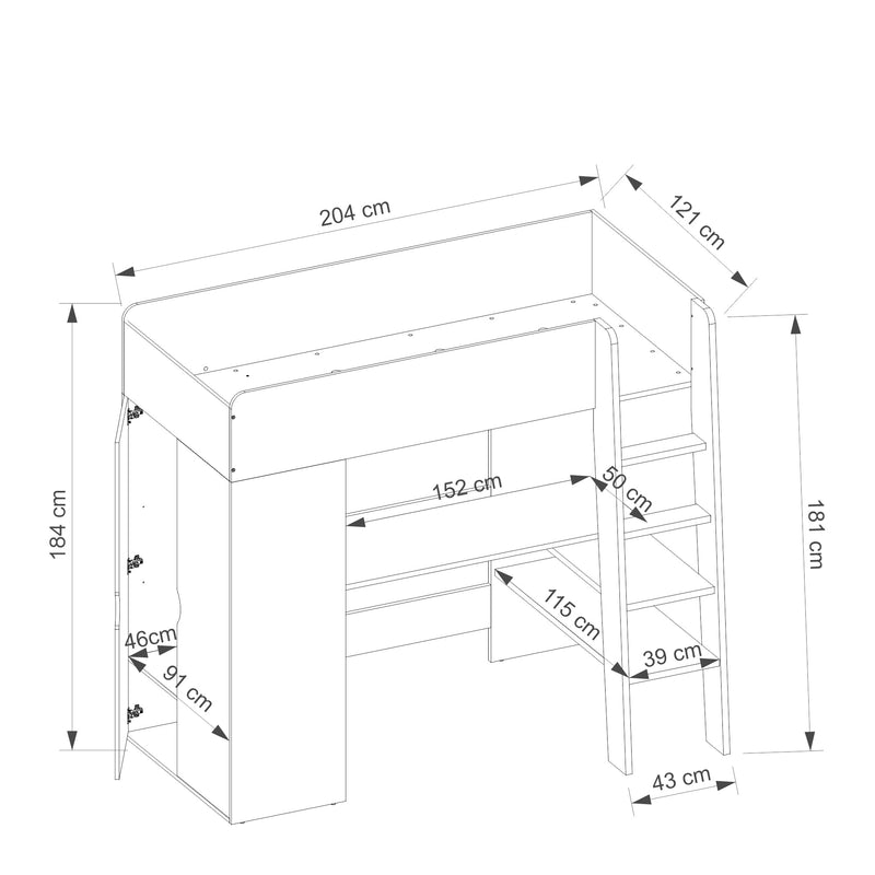Pat etajat din pal cu birou incorporat, etajera si dulap, pentru copii Tom TO 01 Alb / Grej, 200 x 90 cm (5)