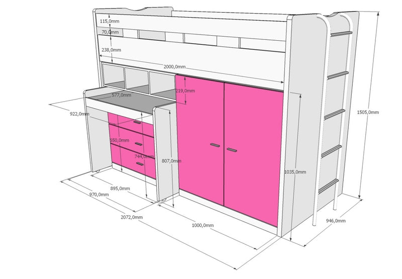 Pat etajat din pal si metal cu birou incorporat, 3 sertare si dulap, pentru copii Bonny High Alb / Roz, 200 x 90 cm (2)