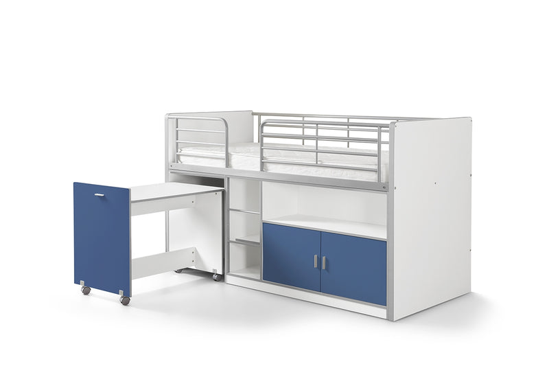 Pat etajat din pal si metal cu birou incorporat si 2 usi, pentru copii Bonny Alb / Albastru, 200 x 90 cm (1)