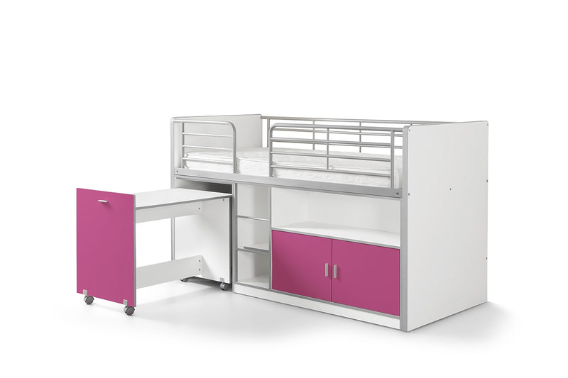 Pat etajat din pal si metal cu birou incorporat si 2 usi, pentru copii Bonny Alb / Fucsia, 200 x 90 cm (1)