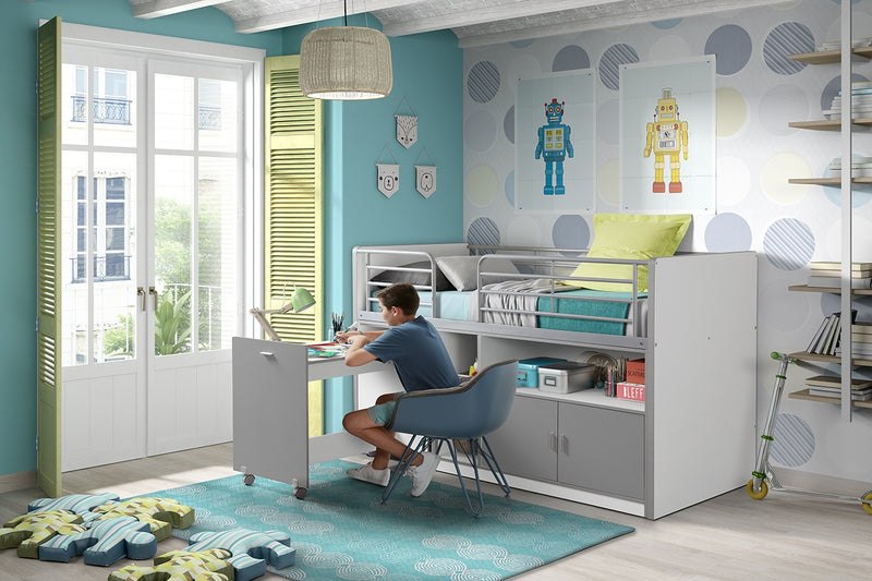 Pat etajat din pal si metal cu birou incorporat si 2 usi, pentru copii Bonny Alb / Gri, 200 x 90 cm (1)