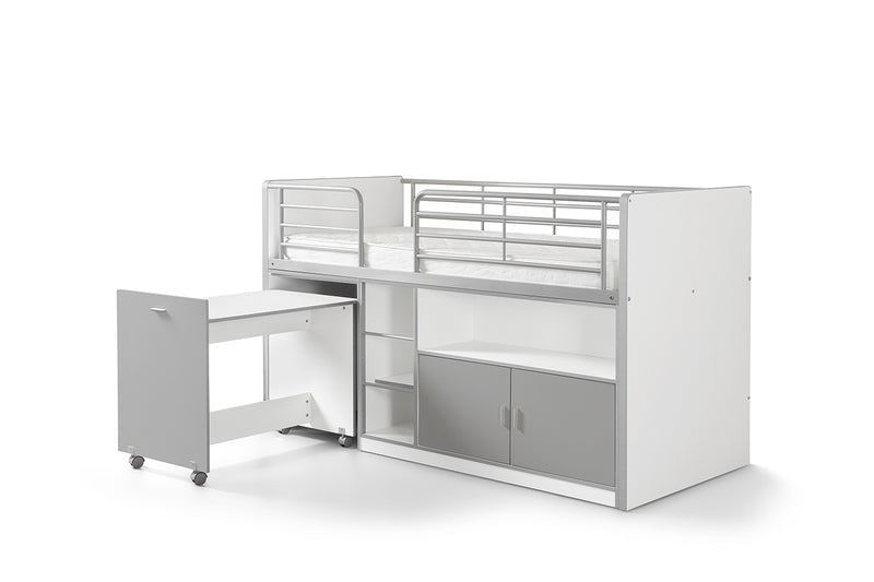 Pat etajat din pal si metal cu birou incorporat si 2 usi, pentru copii Bonny Alb / Gri, 200 x 90 cm (2)