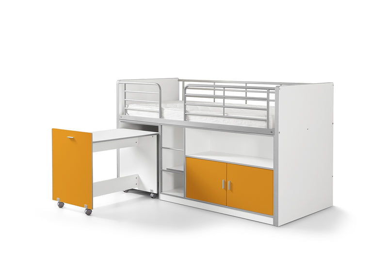 Pat etajat din pal si metal cu birou incorporat si 2 usi, pentru copii Bonny Alb / Portocaliu, 200 x 90 cm (1)