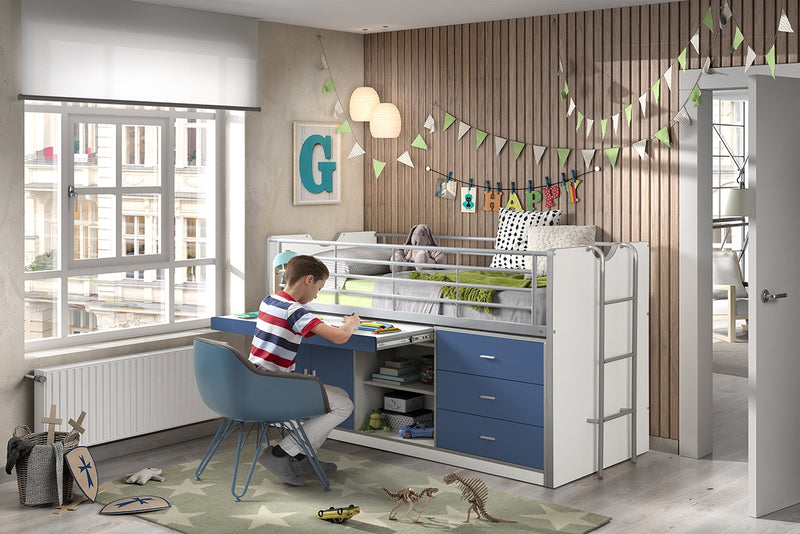 Pat etajat din pal si metal cu birou incorporat si 3 sertare, pentru copii Bonny Alb / Albastru, 200 x 90 cm (1)