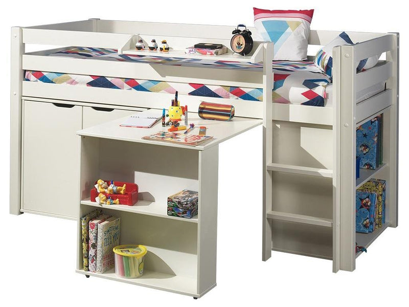 Pat multifunctional din lemn de pin, cu birou si biblioteca pentru copii Pino Alb, 200 x 90 cm (1)