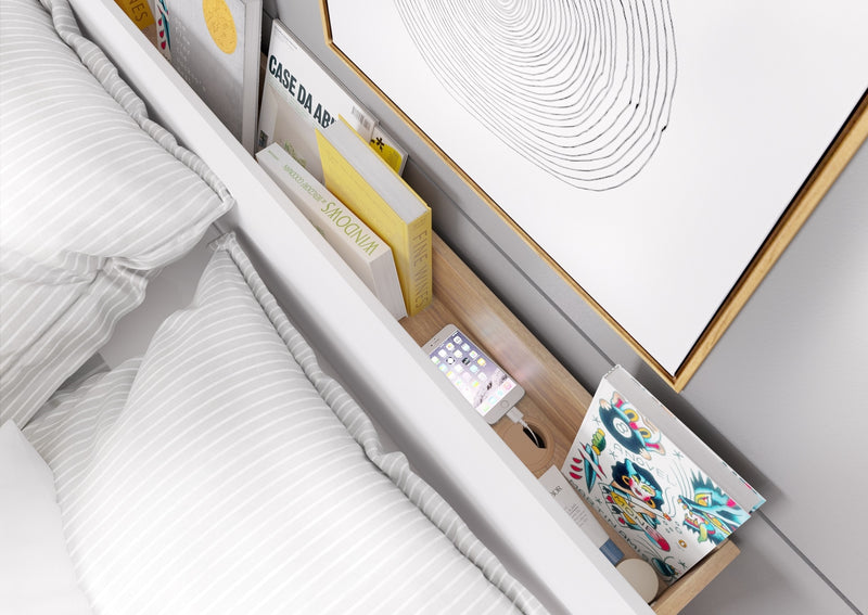 Set Mobila Dormitor din pal, cu pat 200 x 160 cm, 5 piese Dentro Alb Mat / Stejar (9)