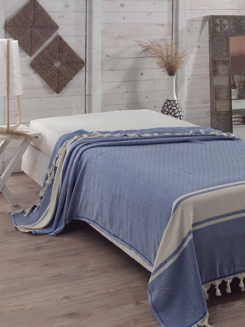 Asir Patura din bumbac Elmas Albastru / Crem, 200 x 240 cm