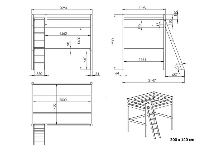 Pat etajat din lemn de pin, cu fotoliu extensibil si cabinet, pentru tineret Pino Mezzanine II Alb, 200 x 140 cm (5)