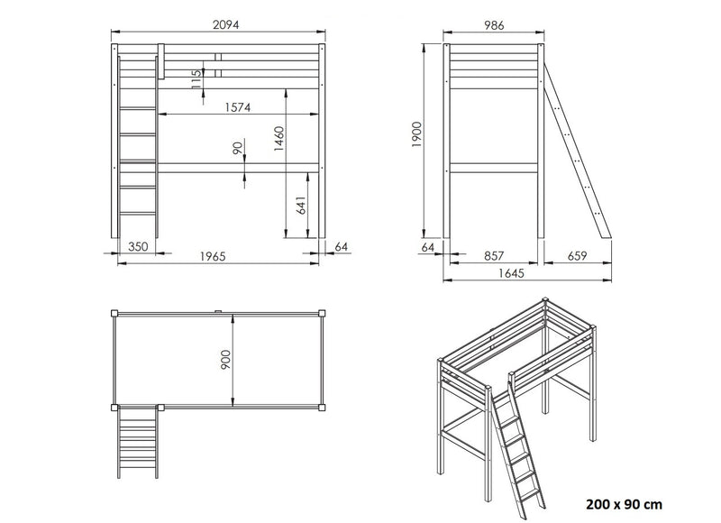 Pat etajat din lemn de pin, cu fotoliu extensibil si cabinet, pentru copii Pino Mezzanine II Alb, 200 x 90 cm (5)