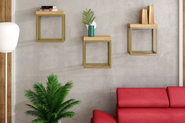 Raft suspendat din lemn de stejar si metal, Duris Natural / Auriu, l30xA18xH33 cm (2)