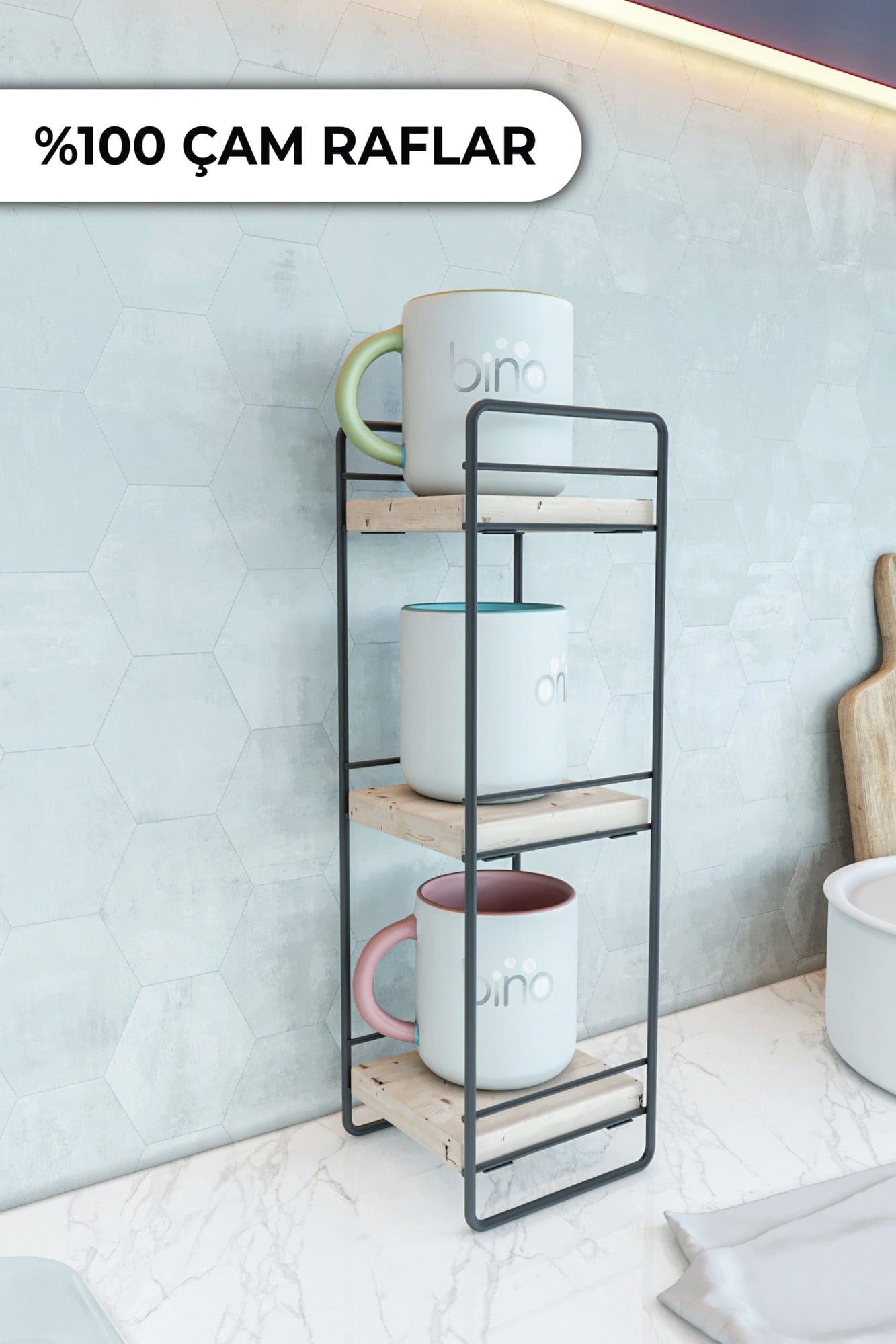 Raft suspendat din metal si lemn, Darwin 3 Negru, l14xA14xH43 cm (3)