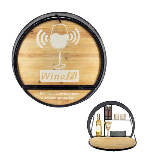 Raft suspendat din metal si lemn, pentru sticle si pahare Beirut Negru / Stejar, Ø65xH17 cm