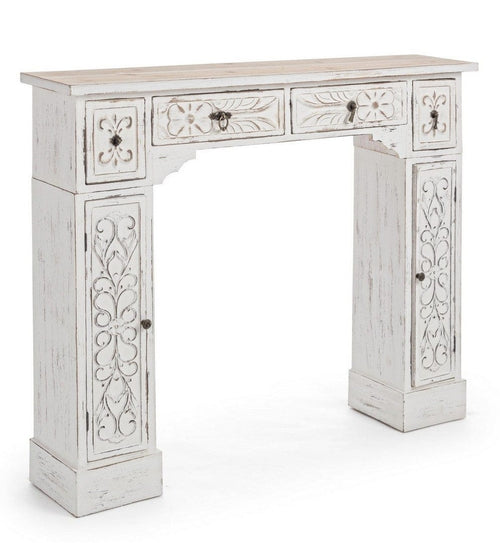 Rama decorativa pentru semineu, din lemn de brad, cu 4 sertare si 2 usi, Spark Alb Antichizat, l115xA23xH95 cm