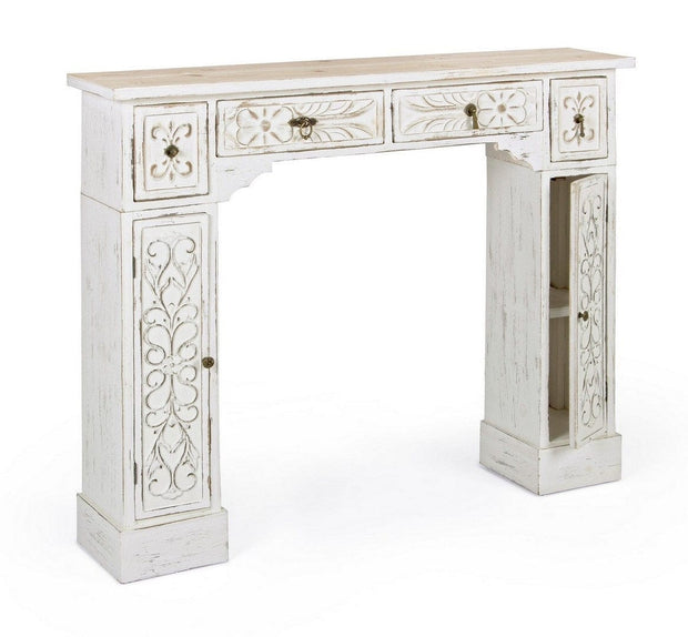 Rama decorativa pentru semineu, din lemn de brad, cu 4 sertare si 2 usi, Spark Alb Antichizat, l115xA23xH95 cm (1)