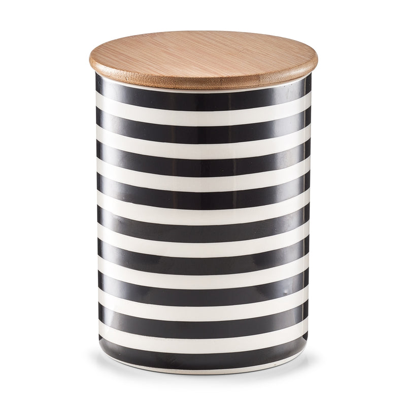 Recipient ceramic pentru depozitare Stripes, capac din bambus, Black/White, 900 ml, Ø 11,5xH15 cm