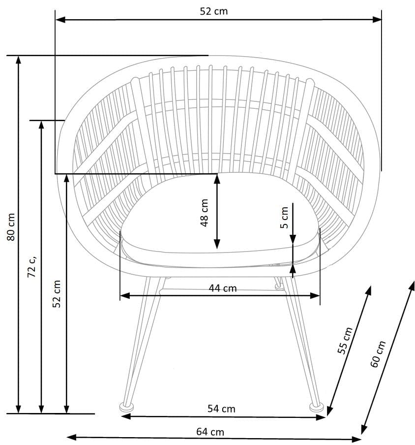 Halmar Scaun din ratan sintetic cu picioare metalice Kai-456 Natural / Negru, l64xA60x80Hcm