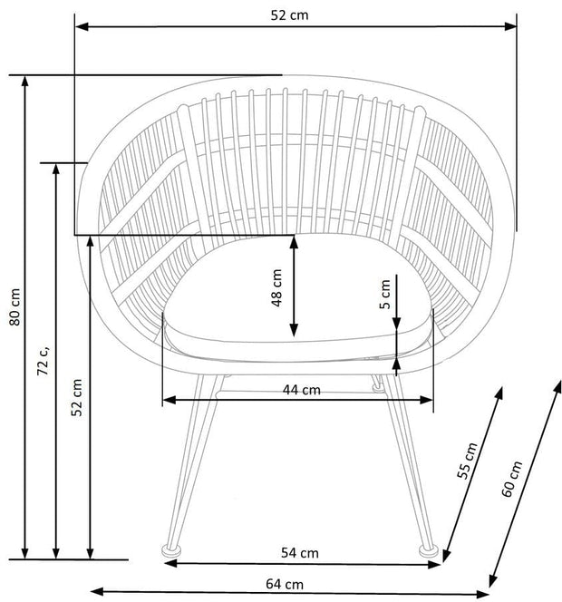 Halmar Scaun din ratan sintetic cu picioare metalice Kai-456 Natural / Negru, l64xA60x80Hcm