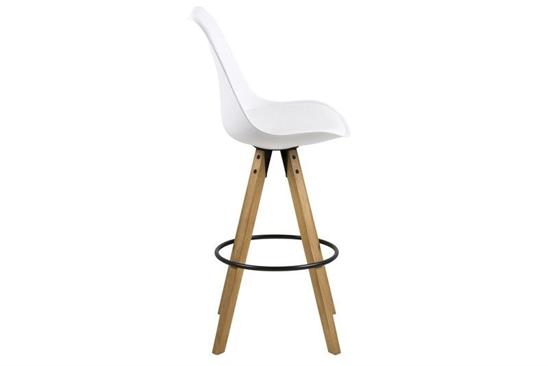 Set 2 scaune de bar din plastic, sezut tapitat cu piele ecologica si picioare din lemn Dima Alb / Stejar, l48xA55xH111,5 cm (2)