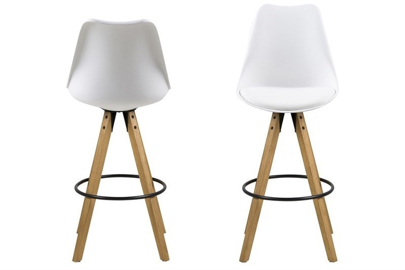Set 2 scaune de bar din plastic, sezut tapitat cu piele ecologica si picioare din lemn Dima Alb / Stejar, l48xA55xH111,5 cm (1)
