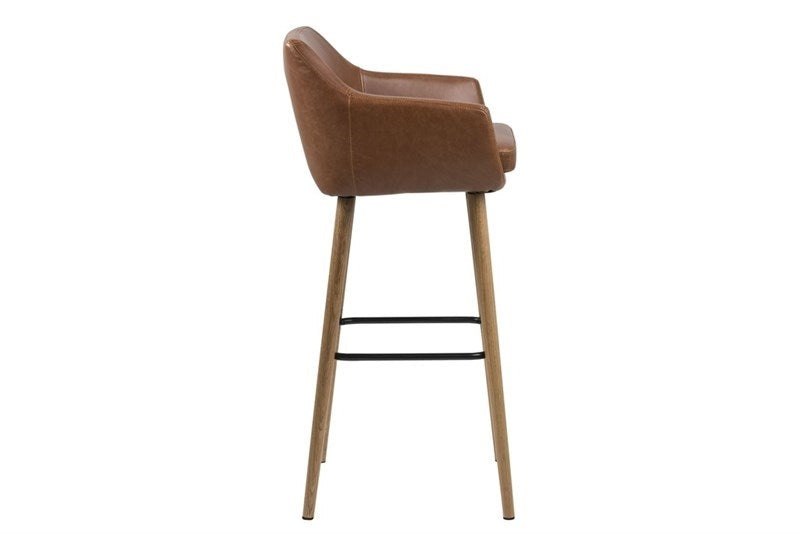 Set 2 scaune de bar tapitate cu piele ecologica si picioare din lemn Nora Maro / Stejar, l55xA54xH101 cm (2)