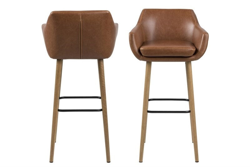 Set 2 scaune de bar tapitate cu piele ecologica si picioare din lemn Nora Maro / Stejar, l55xA54xH101 cm (1)