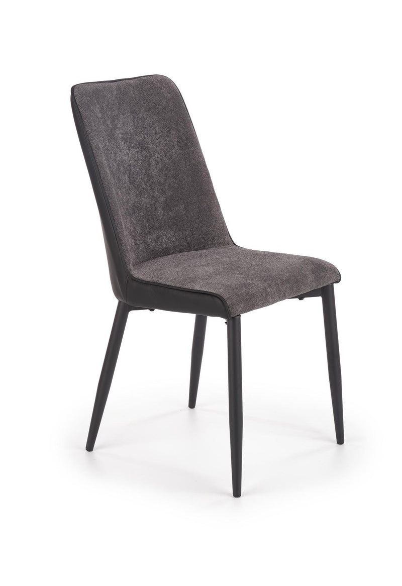 Set masa rotunda din MDF si metal Ember Negru / Auriu + 4 scaune tapitate cu stofa si piele ecologica Kai-368 Gri inchis / Negru, Ø120xH75 cm (8)
