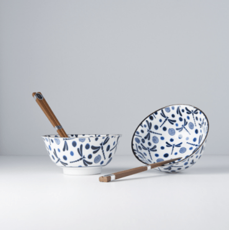 Set 2 boluri cu 4 bete japoneze, din ceramica, Dragonfly Albastru, 400 ml (2)