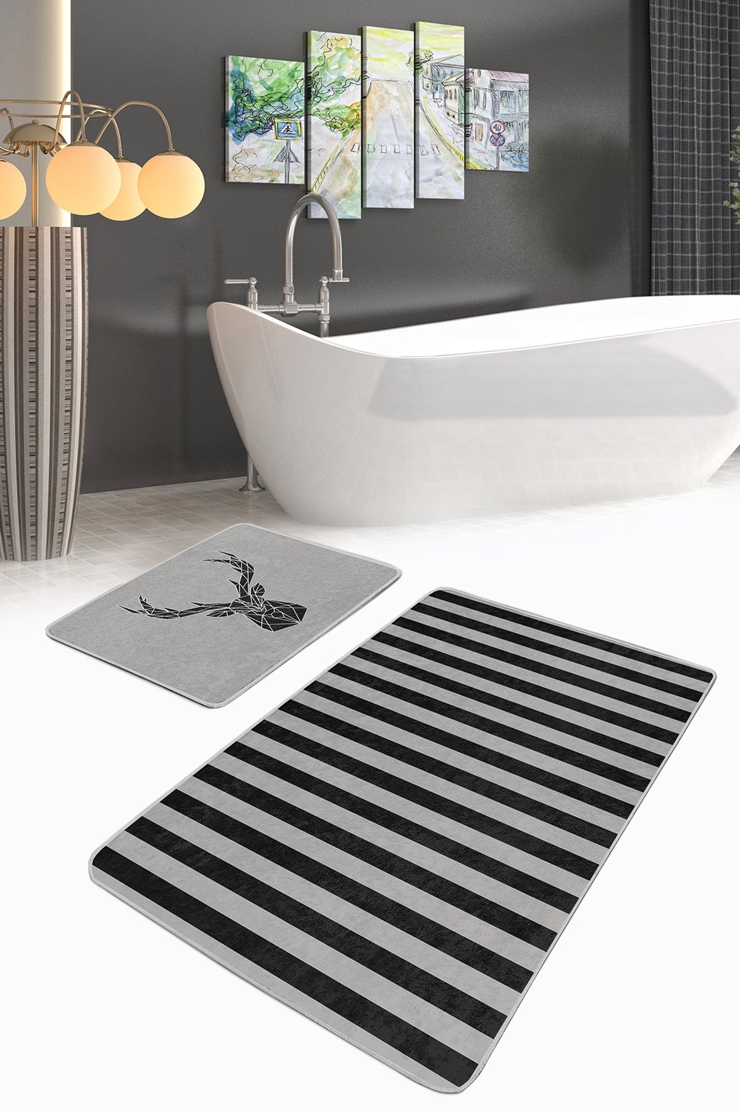 Hillkar Global Set 2 covorase pentru baie antiderapante din poliester, Ali BPS153 Rectangle Multicolor, 100 x 60 cm / 60 x 50 cm