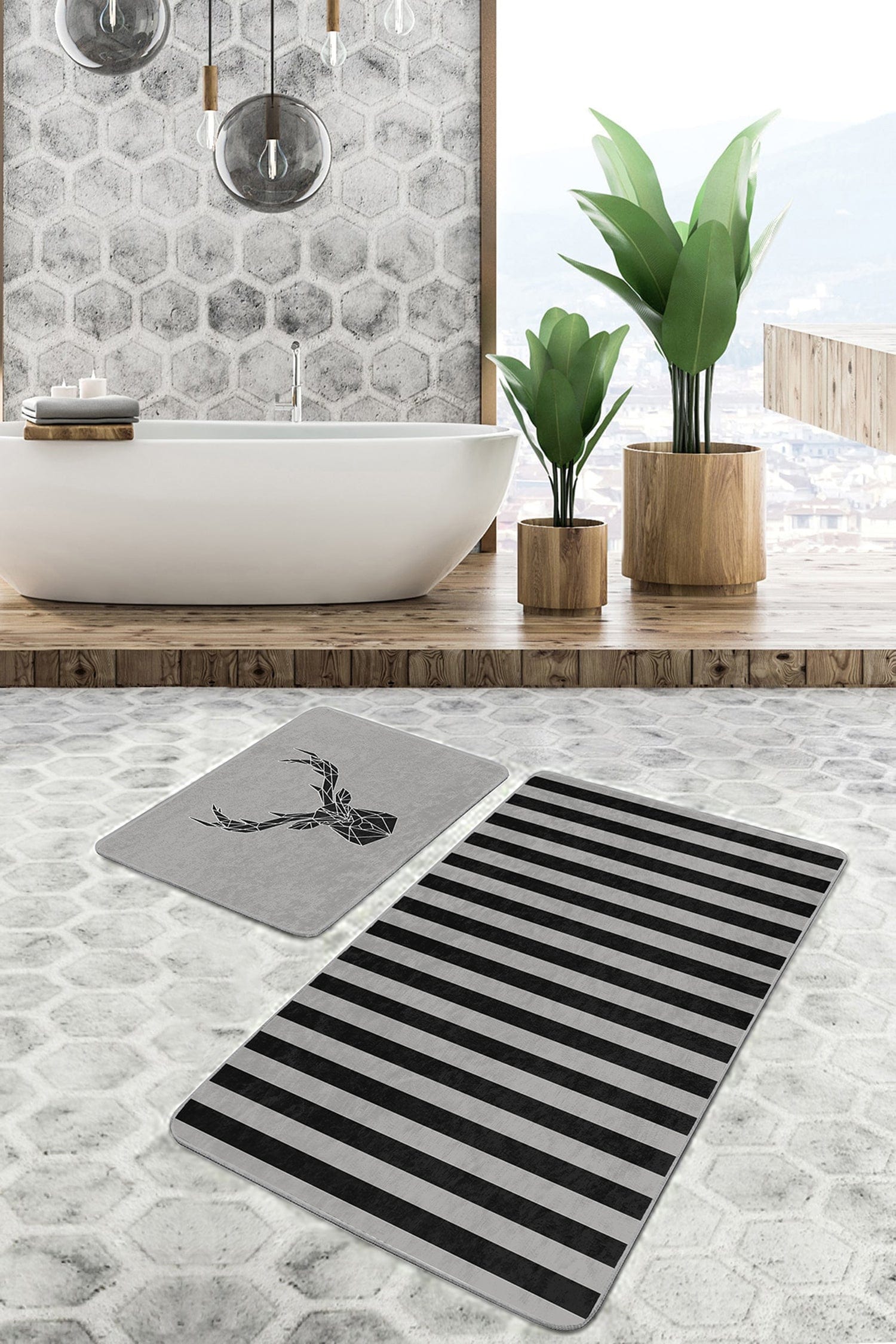 Hillkar Global Set 2 covorase pentru baie antiderapante din poliester, Ali BPS153 Rectangle Multicolor, 100 x 60 cm / 60 x 50 cm