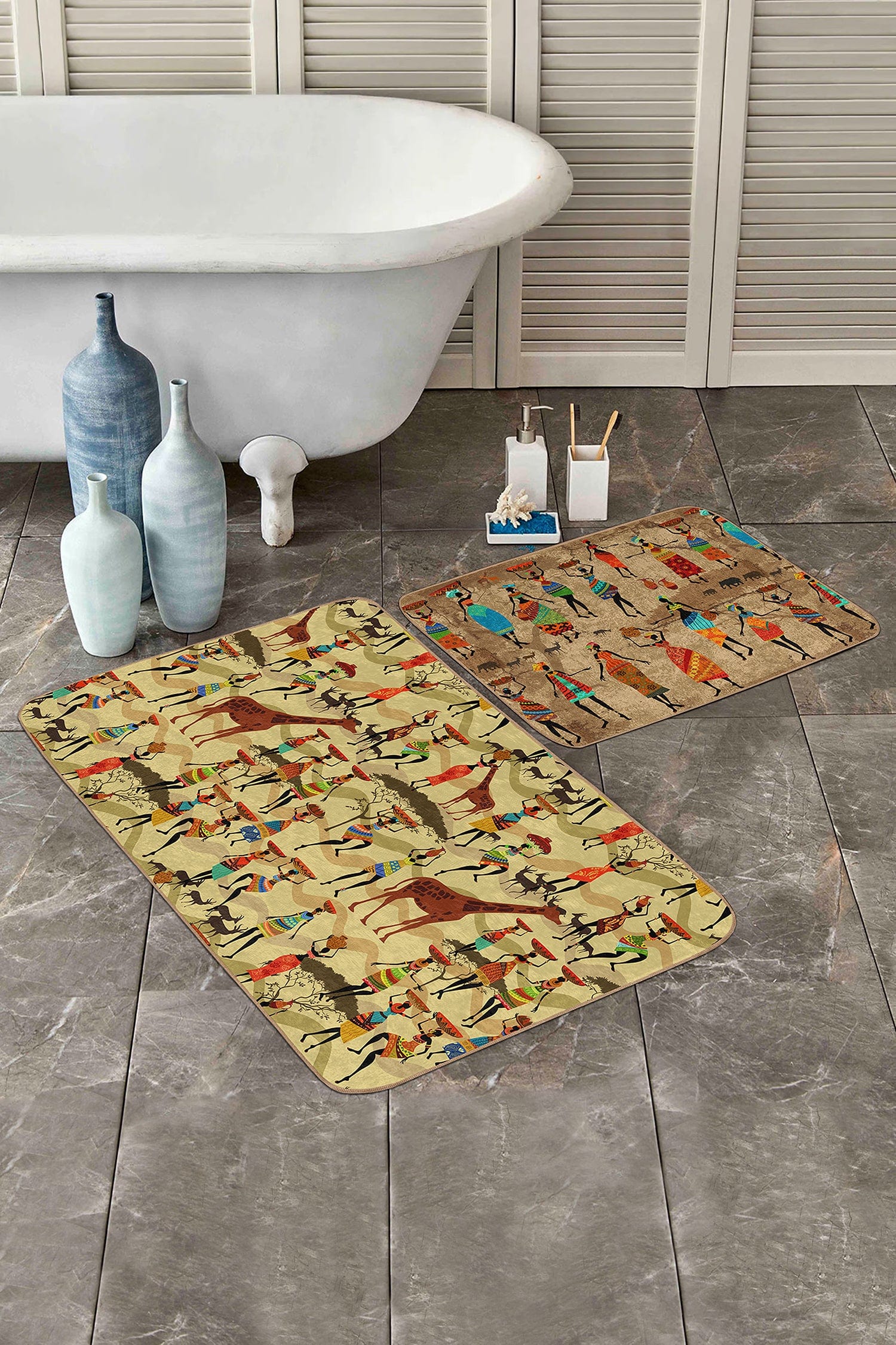 Hillkar Global Set 2 covorase pentru baie antiderapante din poliester, Bade BPS148 Rectangle Multicolor, 100 x 60 cm / 60 x 50 cm
