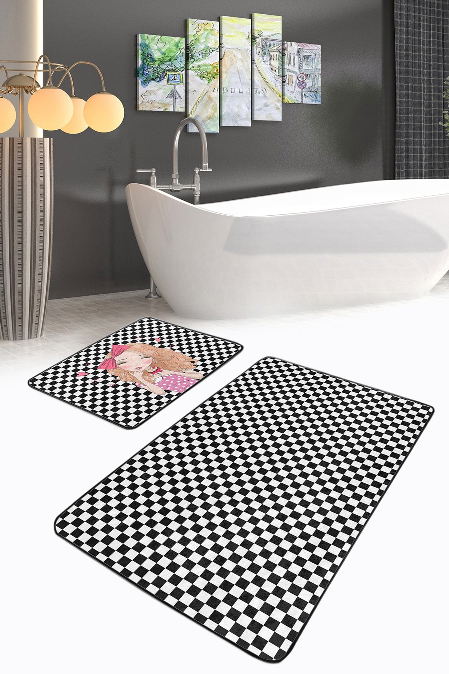 Hillkar Global Set 2 covorase pentru baie antiderapante din poliester, Reyan BPS34 Rectangle Multicolor, 100 x 60 cm / 60 x 50 cm