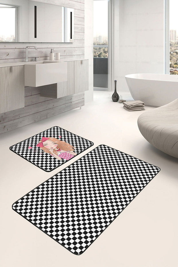 Hillkar Global Set 2 covorase pentru baie antiderapante din poliester, Reyan BPS34 Rectangle Multicolor, 100 x 60 cm / 60 x 50 cm