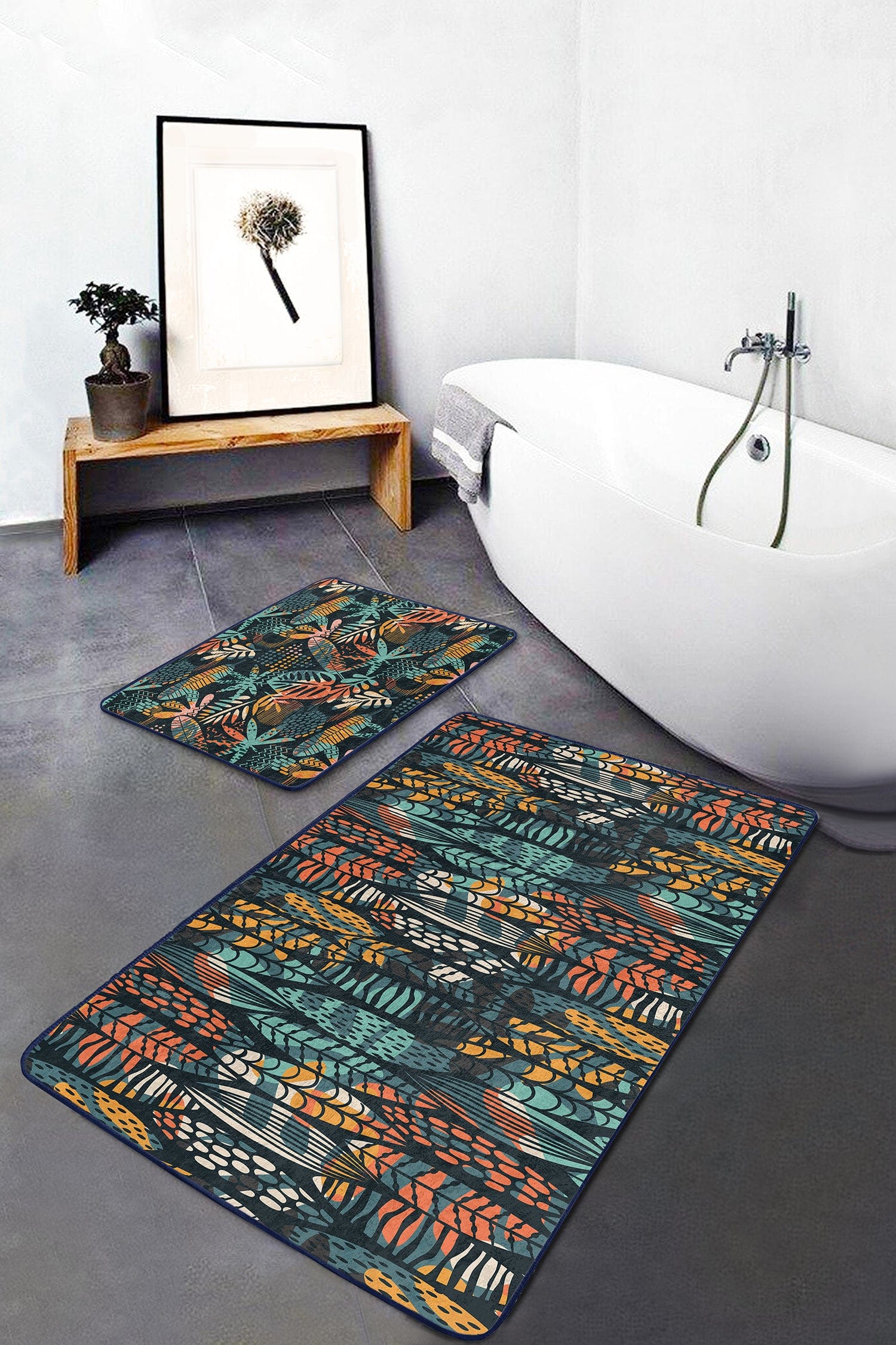 Hillkar Global Set 2 covorase pentru baie antiderapante din poliester, Yasemin BPS175 Rectangle Multicolor, 100 x 60 cm / 60 x 50 cm
