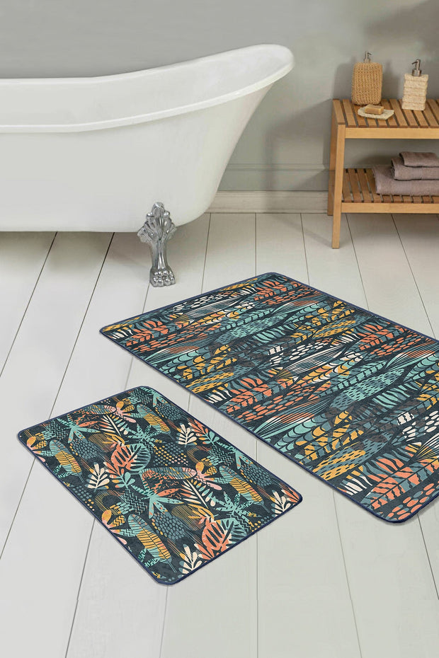 Hillkar Global Set 2 covorase pentru baie antiderapante din poliester, Yasemin BPS175 Rectangle Multicolor, 100 x 60 cm / 60 x 50 cm