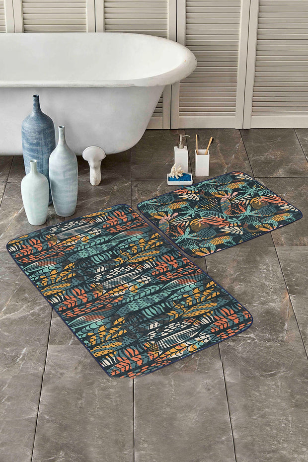 Hillkar Global Set 2 covorase pentru baie antiderapante din poliester, Yasemin BPS175 Rectangle Multicolor, 100 x 60 cm / 60 x 50 cm