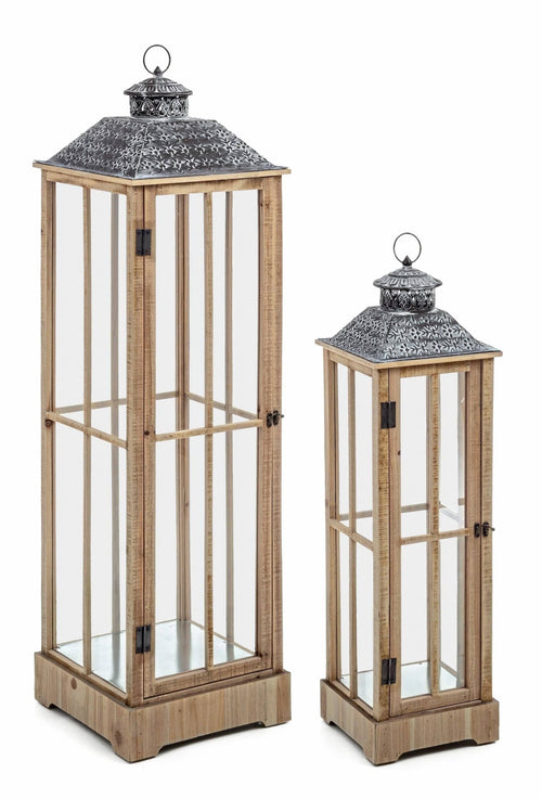 Set 2 felinare decorative din lemn, sticla si metal, Varsavia Natural, L24xl24xH87 cm / L32xl32xH120 cm