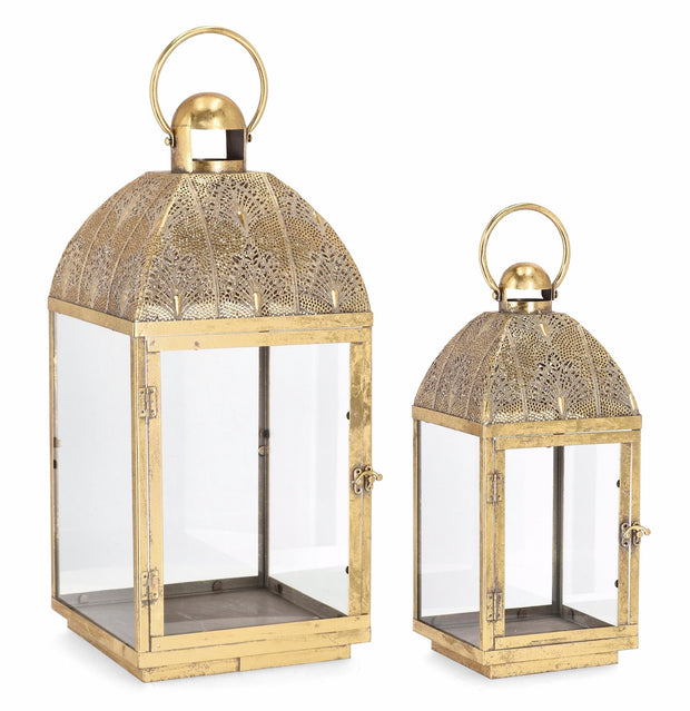 Set 2 felinare decorative din sticla si metal, Larjam Square 1H Auriu Antichizat, L20xl20xH45,5 cm / L28xl28xH60,5 cm