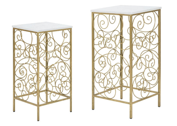 Mauro Ferretti Set 2 masute suport telefon din metal si marmura, Spiral Alb / Auriu, L34xl34xH70 cm / L29xl29xH60 cm