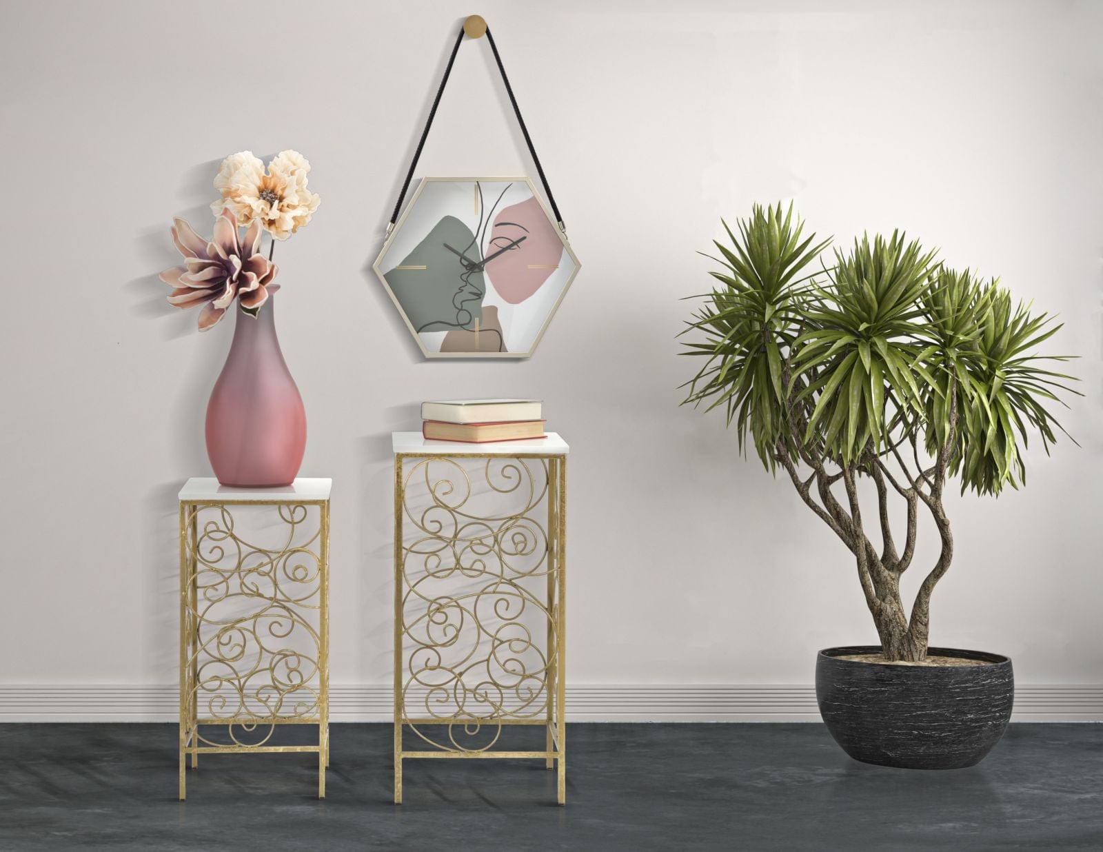 Mauro Ferretti Set 2 masute suport telefon din metal si marmura, Spiral Alb / Auriu, L34xl34xH70 cm / L29xl29xH60 cm